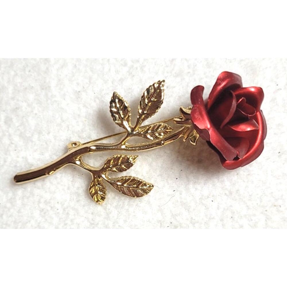 Vintage Red Enamel Rose Brooch Gold Tone Stem Branch Flower Pin